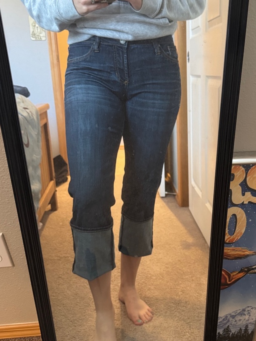 Dear John Dark Blue Cropped Flare Jeans with Turned Cuff